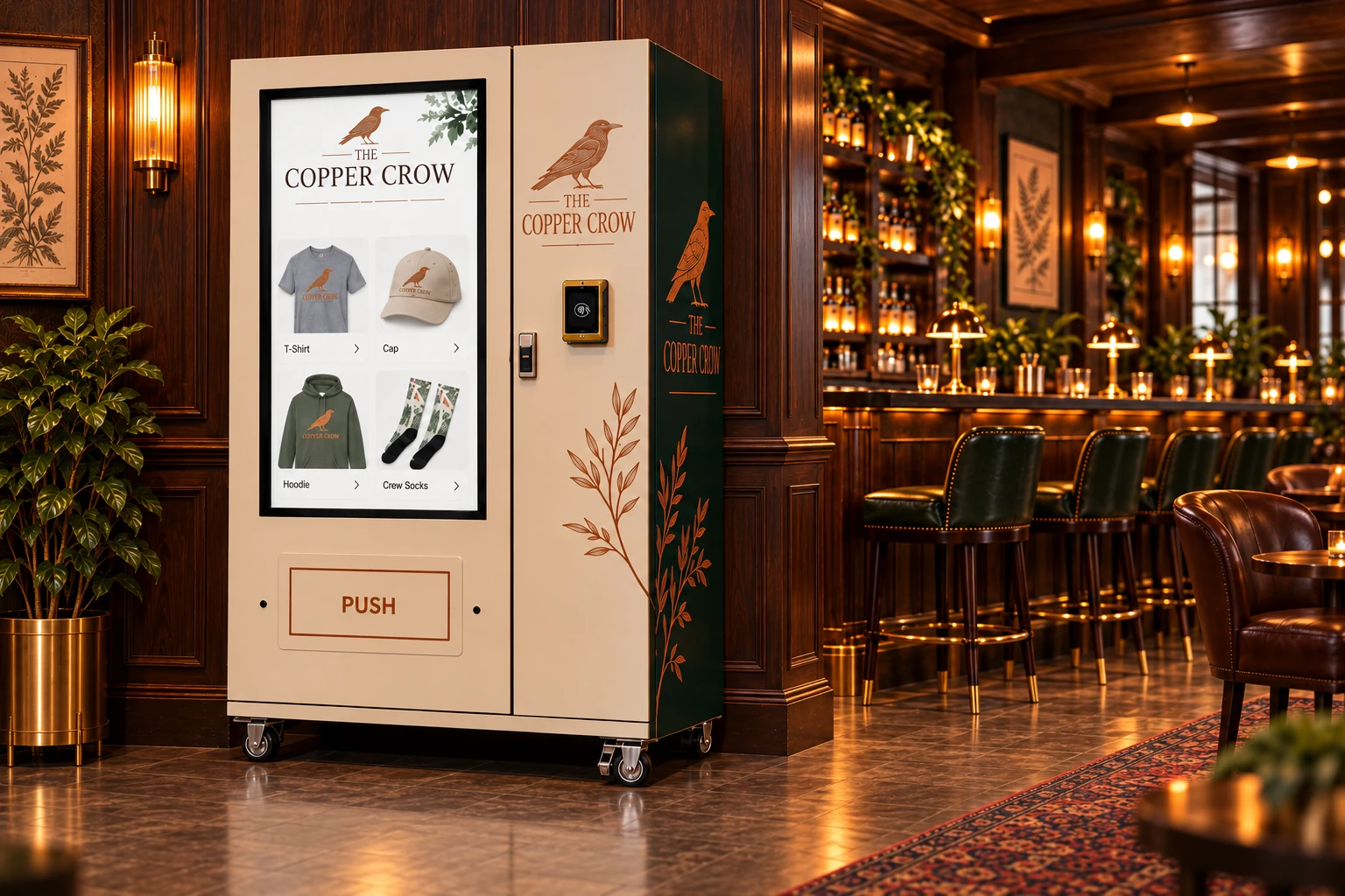 The standard touchscreen vending machine branded for The Copper Crow, a fictional bar, displaying Softstyle T-shirts, embroidered dad caps, pullover hoodies and crew socks in a warm bar interior.